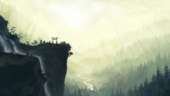 cliff forest shrine fantasy art artwork Asia waterfall landscape