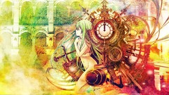 Clocks drawings multicolor anime girls