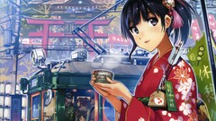 Close-up dress Umbrellas faces red dress kimono arrows 