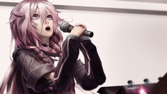 Close-up faces microphones pink hair long hair anime girls blue 