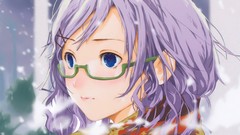 Close-up glasses faces scarfs anime girls blue eyes short hair 