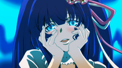 Close-up Ribbons faces blue hair long hair blue eyes open mouth 