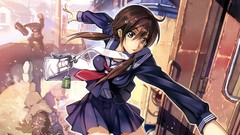 Close-up schoolgirls action outdoors skirts long hair anime 