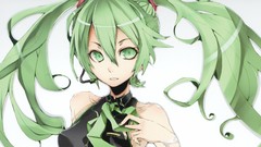 Close-up tie faces long hair anime girls green eyes headsets 