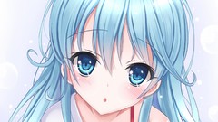 Close-up white background faces blush blue hair long hair anime 