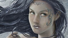 closeup face dark hair fantasy girl fantasy art Women