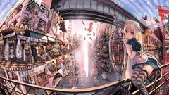 Clouds advertisement shop dress flying sitting schoolgirls 