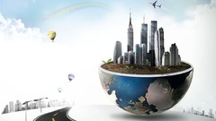 Clouds Aircraft abstract bubbles Earth roads planets cities 