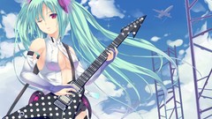 Clouds Aircraft headphones red eyes guitars blue hair anime 