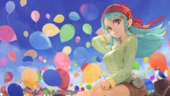 Clouds Anime Balloons red eyes multicolor blue hair smiling 