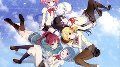 Clouds Anime blondes pink hair anime girls school uniforms 