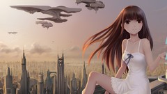 Clouds Anime dress long hair brown eyes brunettes spaceships 