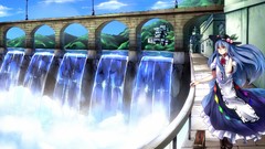 Clouds Anime dress red eyes blue hair long hair boots touhou 