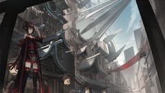 Clouds anime girls brown eyes brunettes short hair black dress 