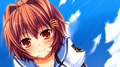 Clouds anime girls brunettes school uniforms short hair 