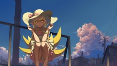 Clouds Anime hats legs blondes skirts long hair anime girls 