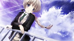 Clouds Anime tie railing white hair coat shirts blush long hair 