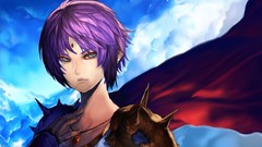 Clouds armor blue eyes short hair purple hair skyscapes 