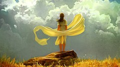 Clouds autumn woman paintings Ribbons sunlight yellow dress