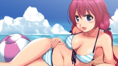Clouds Beaches anime girls blue eyes redheads hentai swimsuits