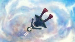 Clouds between anime girls blue eyes school uniforms short hair 