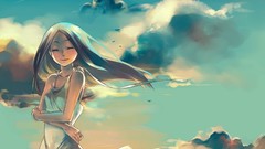 Clouds Birds dress paintings blush smiling long hair anime 