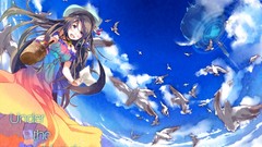 Clouds Birds feathers brown dress blush long hair