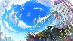 Clouds Birds outdoors long hair hatsune miku skies vocaloid 