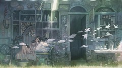 Clouds Birds Plants Anime anime girls brunettes scenic fantasy 
