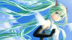Clouds Birds tie long hair green eyes hatsune miku skies 
