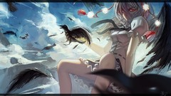 Clouds Birds wings feathers tie hats flying white hair red eyes 