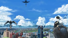 Clouds Birds wings skirts seifuku cityscapes skyscapes