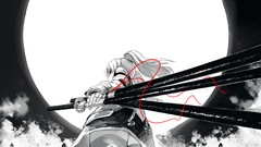 Clouds black and white moon weapons Katana armor red eyes 