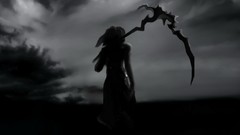 Clouds black and white weapons silhouettes monochrome anime 