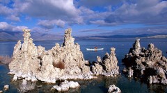 Clouds Boats California lakes rock formations Mono Lake