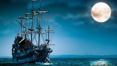 Clouds Boats Ghost Ship colors full moon artwork 3d art 