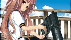 Clouds brown Cameras skirts long hair anime girls brown eyes 