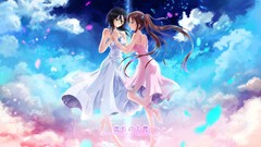 Clouds brown dress Ribbons barefoot anime girls black hair 