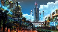 Clouds buildings science fiction cityscapes futuristic