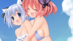 Clouds Butterflies white hair hugging pink hair smiling blue 