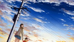 Clouds children skirts scarfs anime girls blue eyes closed eyes 