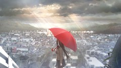 Clouds cities long hair anime girls seifuku game cg scenic 