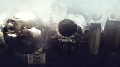 Clouds cityscapes buildings spheres