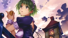 Clouds close-up dress buildings anime girls green eyes maids 