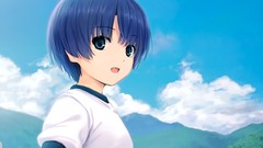 Clouds close-up faces t-shirts outdoors blue hair anime girls 