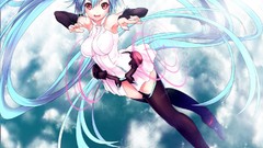Clouds dress flying circles red eyes stockings long hair anime 