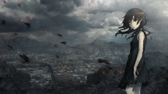 Clouds dress paintings drawings cities long hair anime girls 