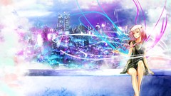 Clouds dress red eyes sitting buildings pink hair long hair 