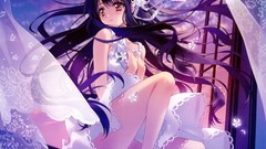 Clouds dress sitting legs long hair anime girls brown eyes 