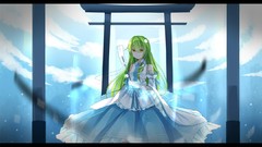 Clouds dress smiling long hair anime girls yellow eyes kochiya 